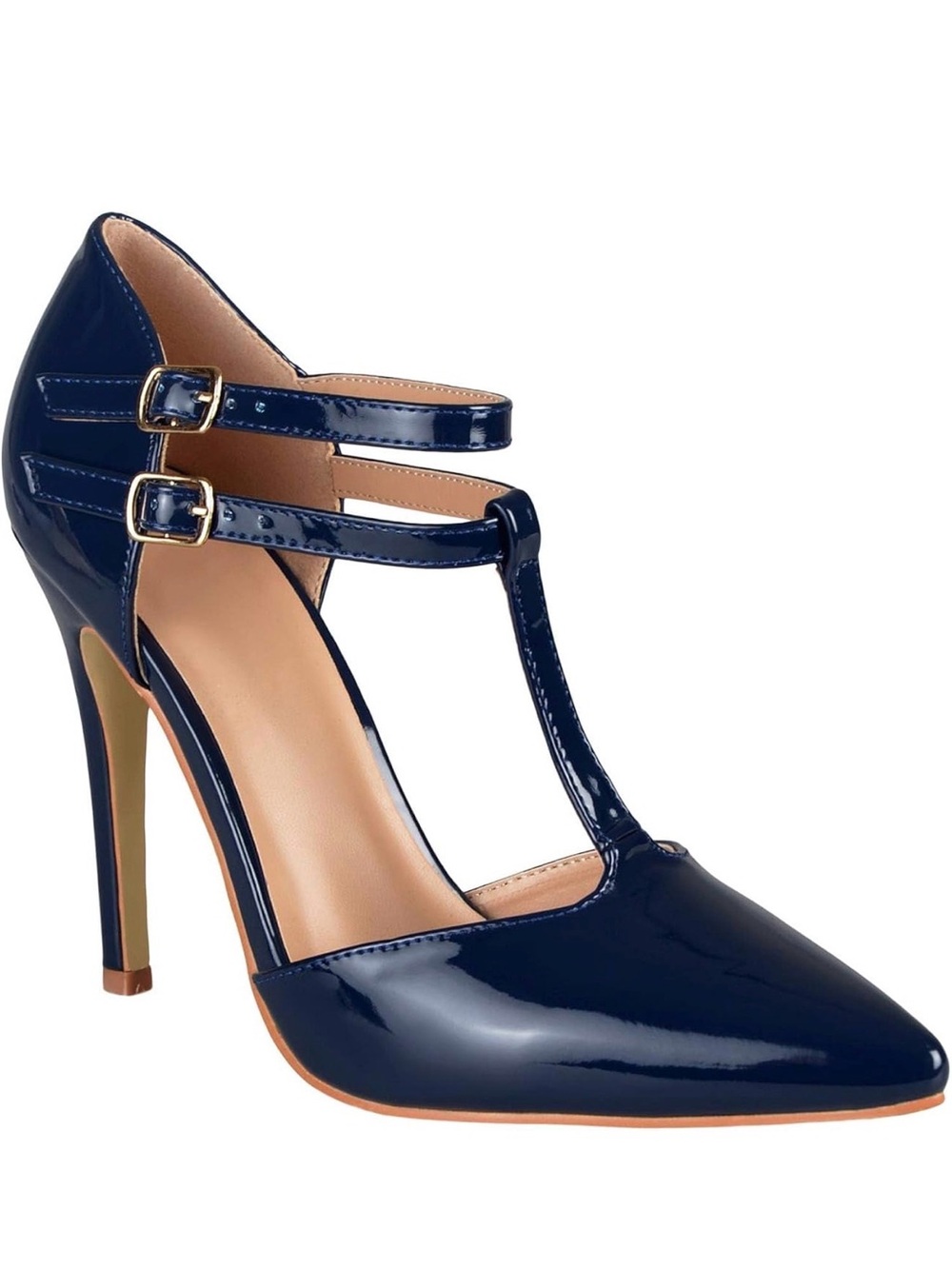 Journee Collection Navy Patent T-Strap Pointed Pump with Double Ankle Buckles